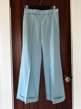 Wide-Leg Light Blue Dress Pants with Cuffed Hem